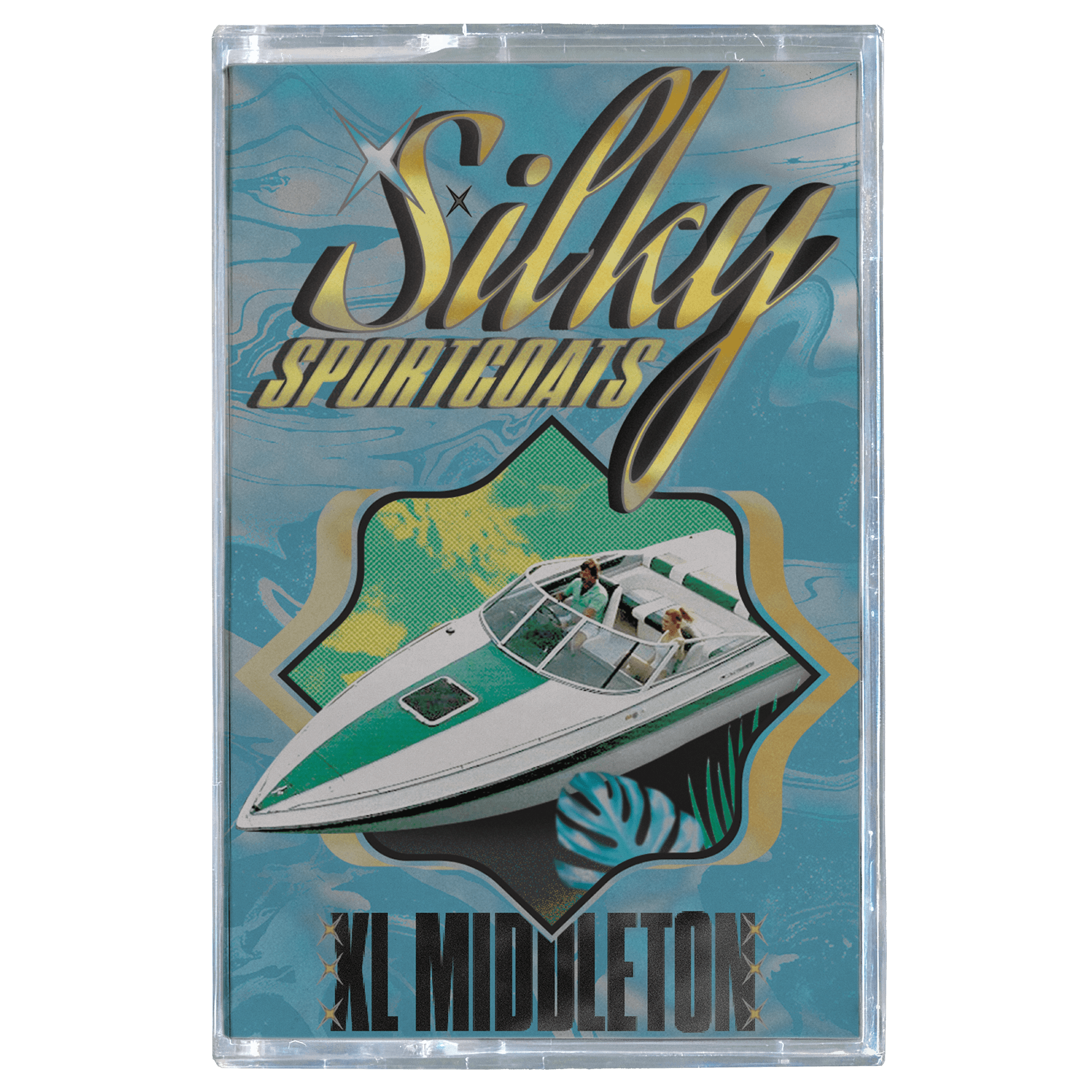 Cassette tape with "Silky Sportcoats" text and a boat graphic on a blue background