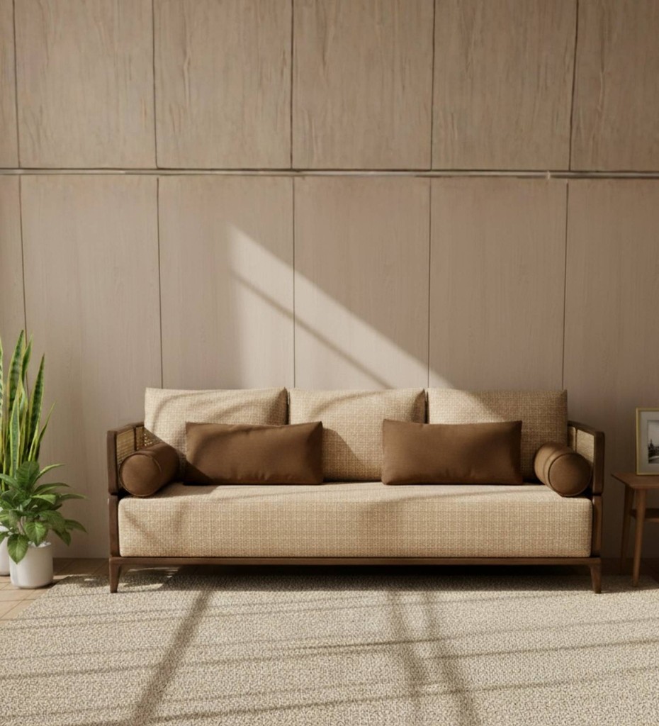 Luxury contemporary cane sofa with teal upholstery and wooden frame