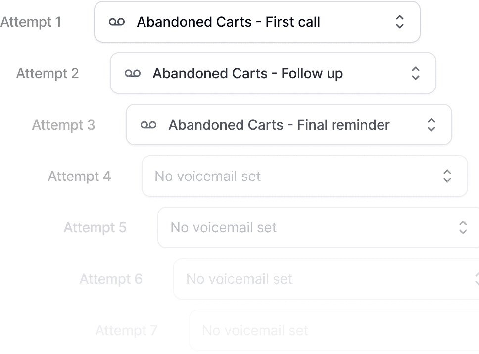Visual showcasing the feature ‘Automate voicemail sequences,’ where users can assign pre-recorded voicemail messages to each call attempt. The interface displays a list of attempts, such as ‘First call,’ ‘Follow up,’ and ‘Final reminder,’ with options to customize voicemail settings for each stage, ensuring consistent and time-saving communication.