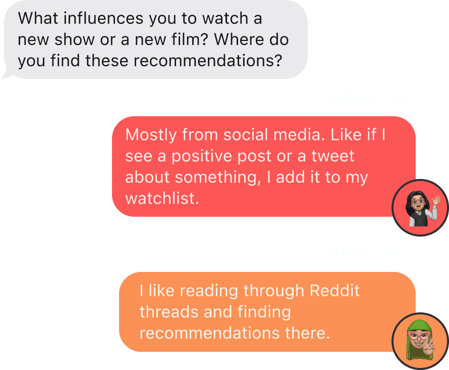 This image shows some of the responses for the question: "What influences you to watch a new show or a new film? Where do you find these recommendations?"