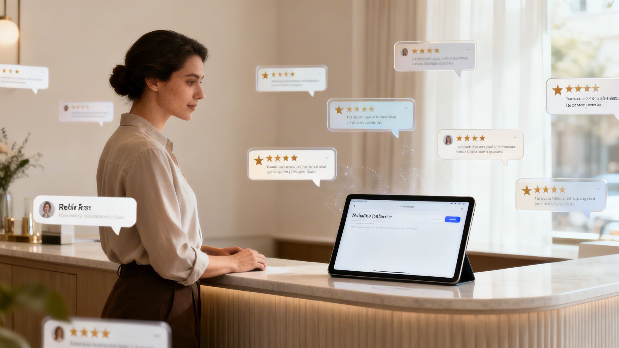 Woman uses a tablet displaying reputation monitoring software, with numerous customer review bubbles floating around her.