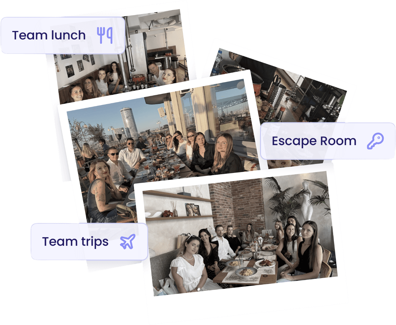 Polaroid photos of the Booscala team at team lunches, dinners and trips.