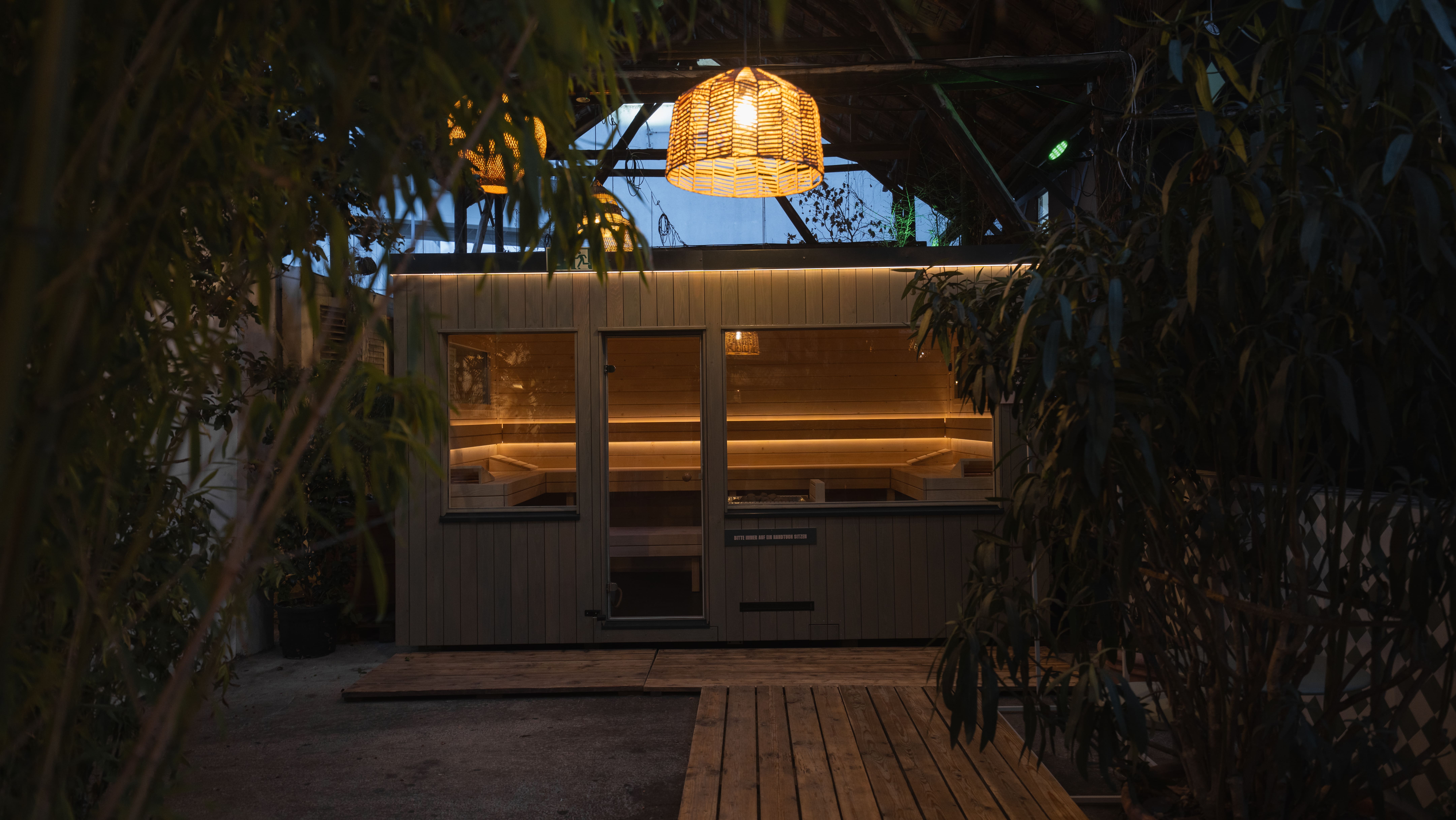 Szenenshot einer Sauna leicht abgedunkeltes Licht mit Pflanzen rechts und links