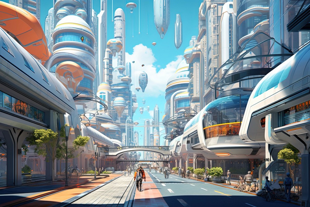 A busy street scene in a vibrant futuristic city
