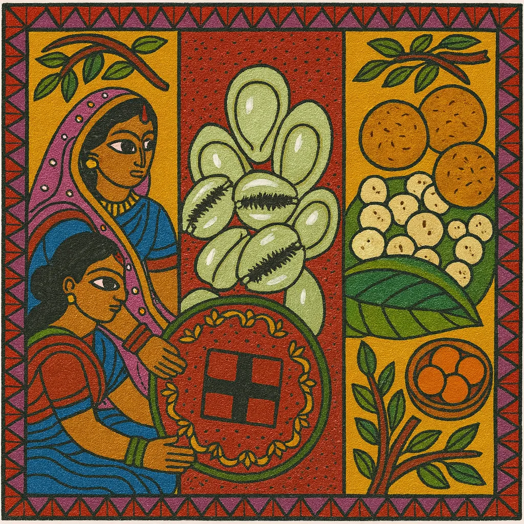 Cowry shells for Pachisi game, makhana, sweets, bamboo plate for puja