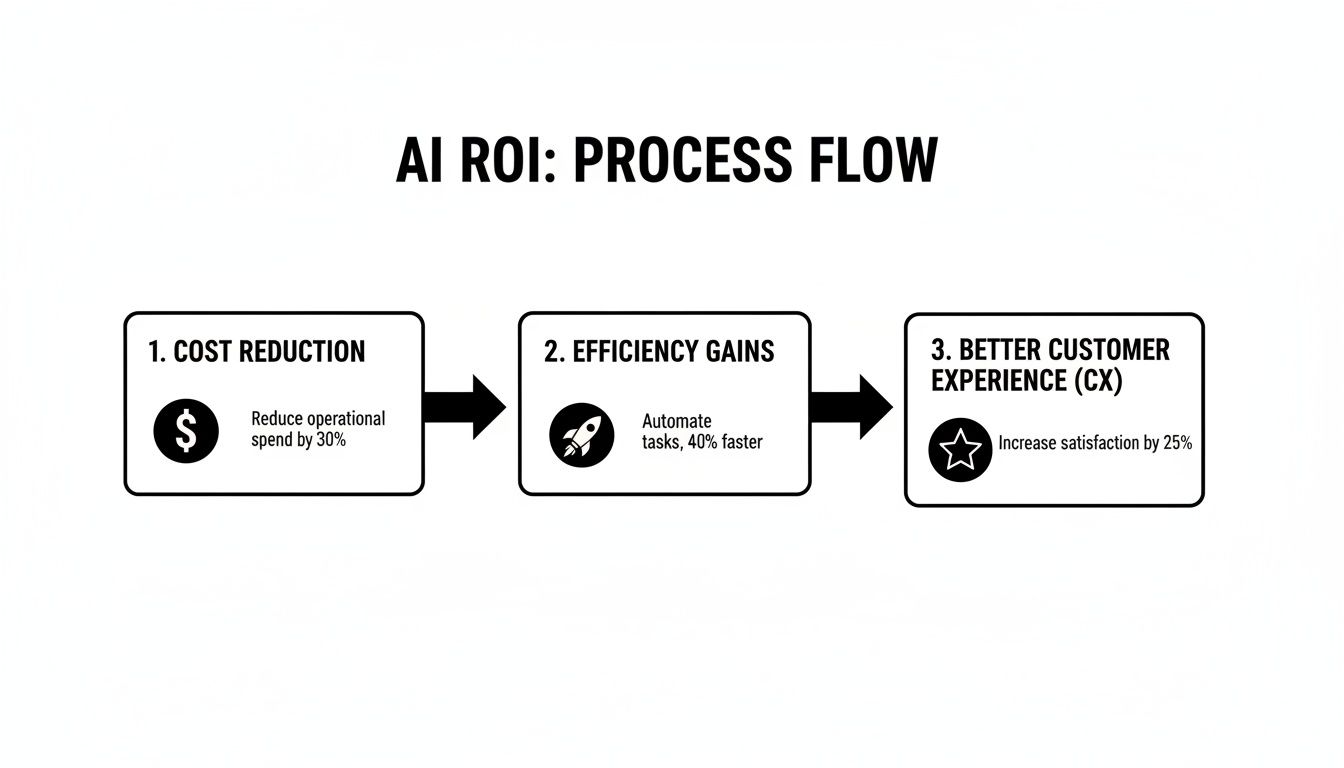 A process flow diagram illustrating AI's return on investment through cost reduction, efficiency, and improved customer experience.