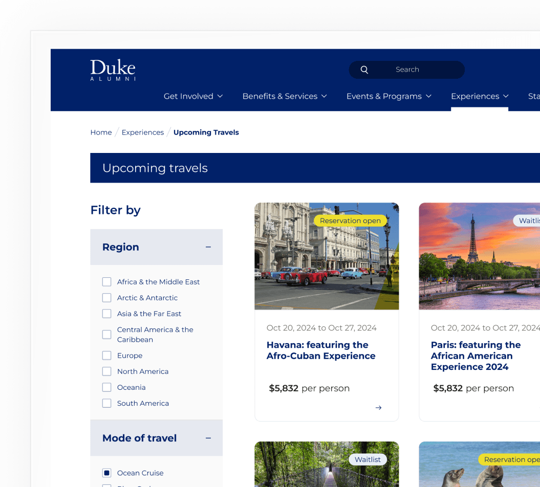 Duke Travel Site Zoomed into the filters