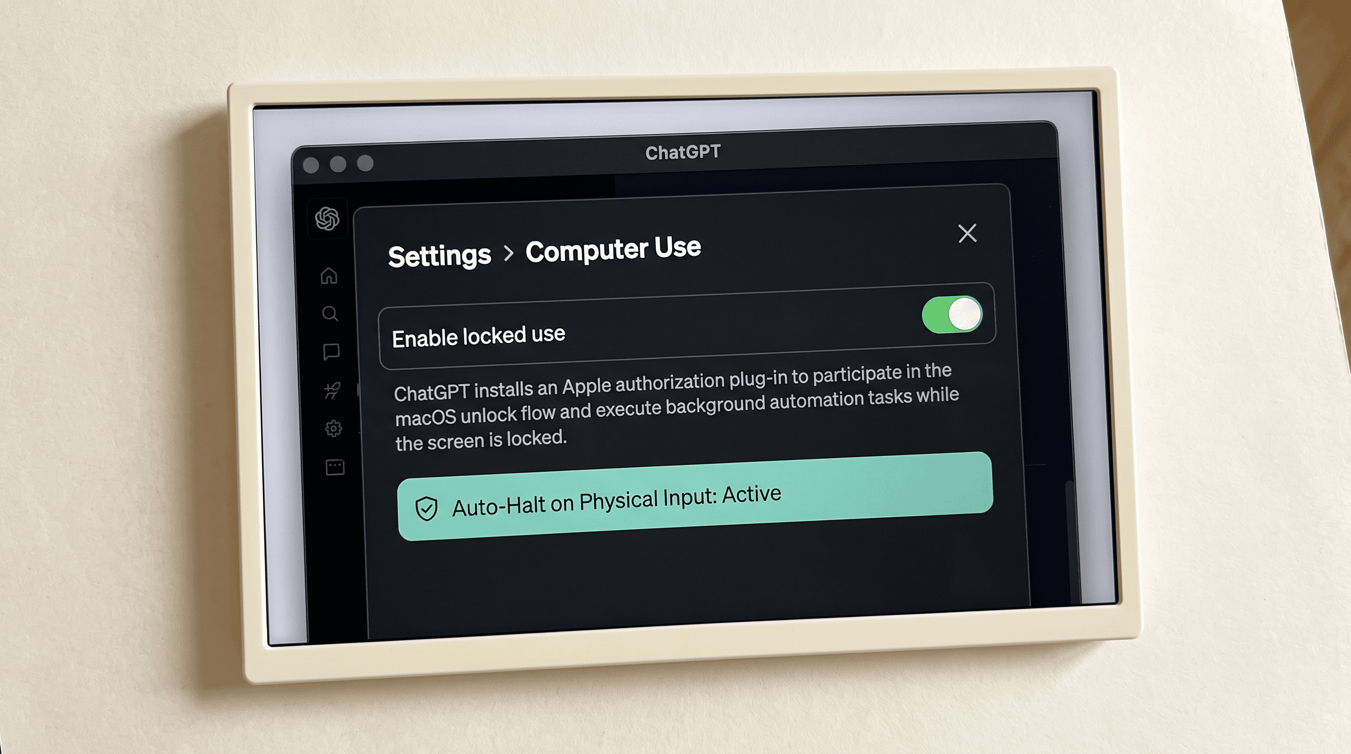 Teaching reconstruction of ChatGPT desktop settings enabling locked use via Apple authorization plug in