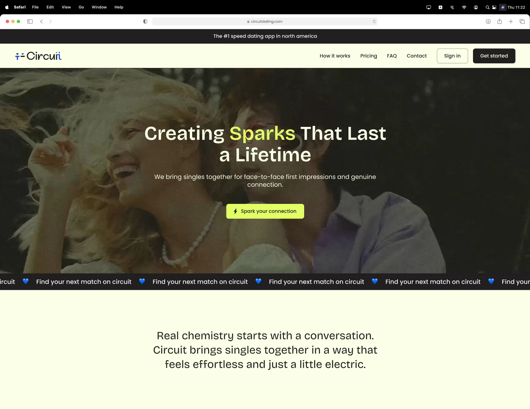 Circuit landing page header with a couple smiling and a bold green sign-up button.