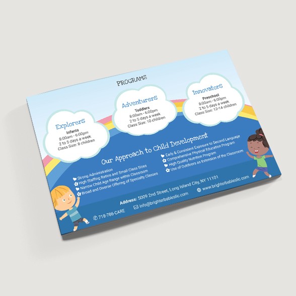 Illustrated postcard for Brighter Babies Early Development Center showing program details and child-friendly graphics.