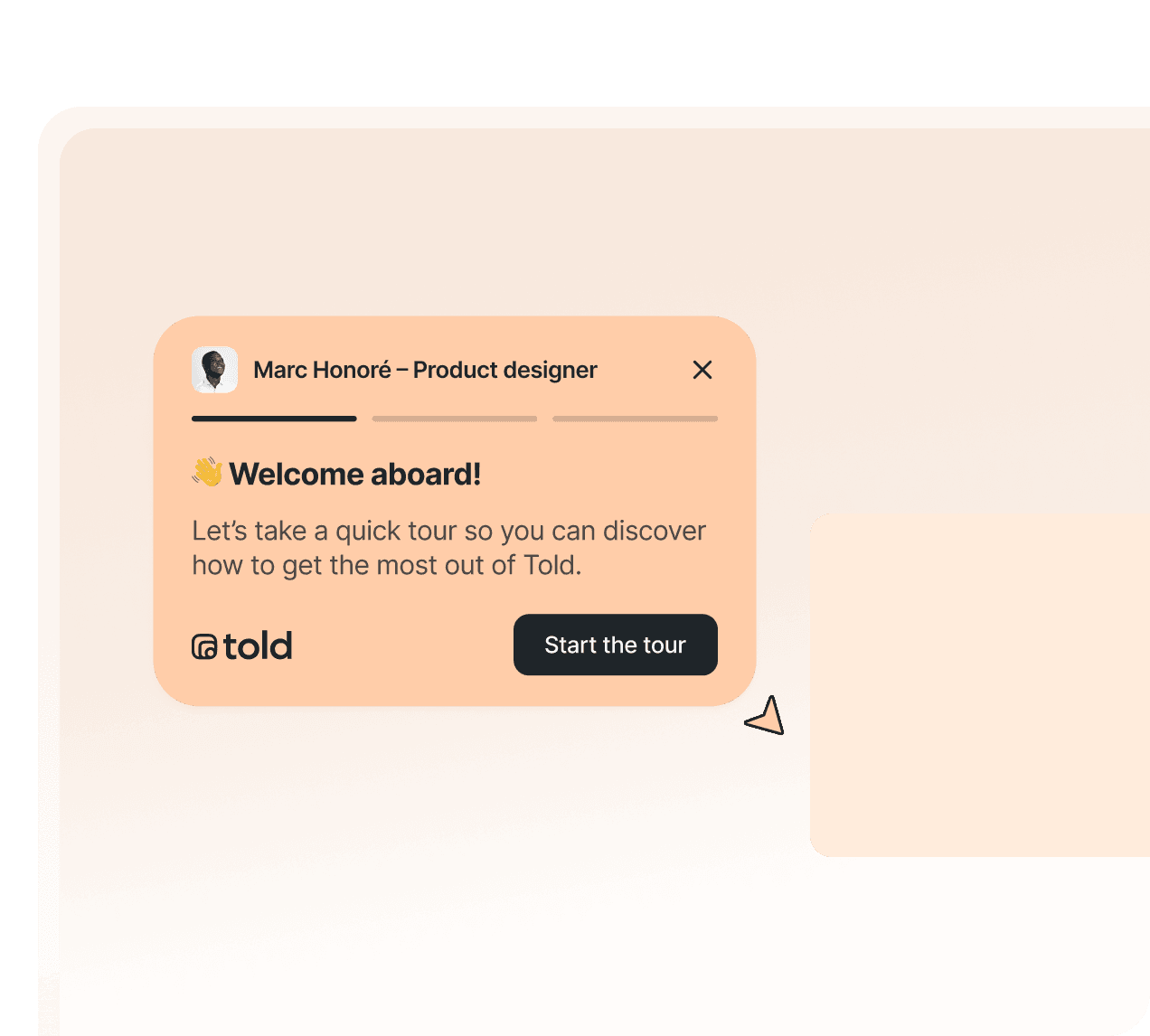 In-app onboarding product tour welcoming new users, with a tooltip guiding them step by step through key features of a software interface.