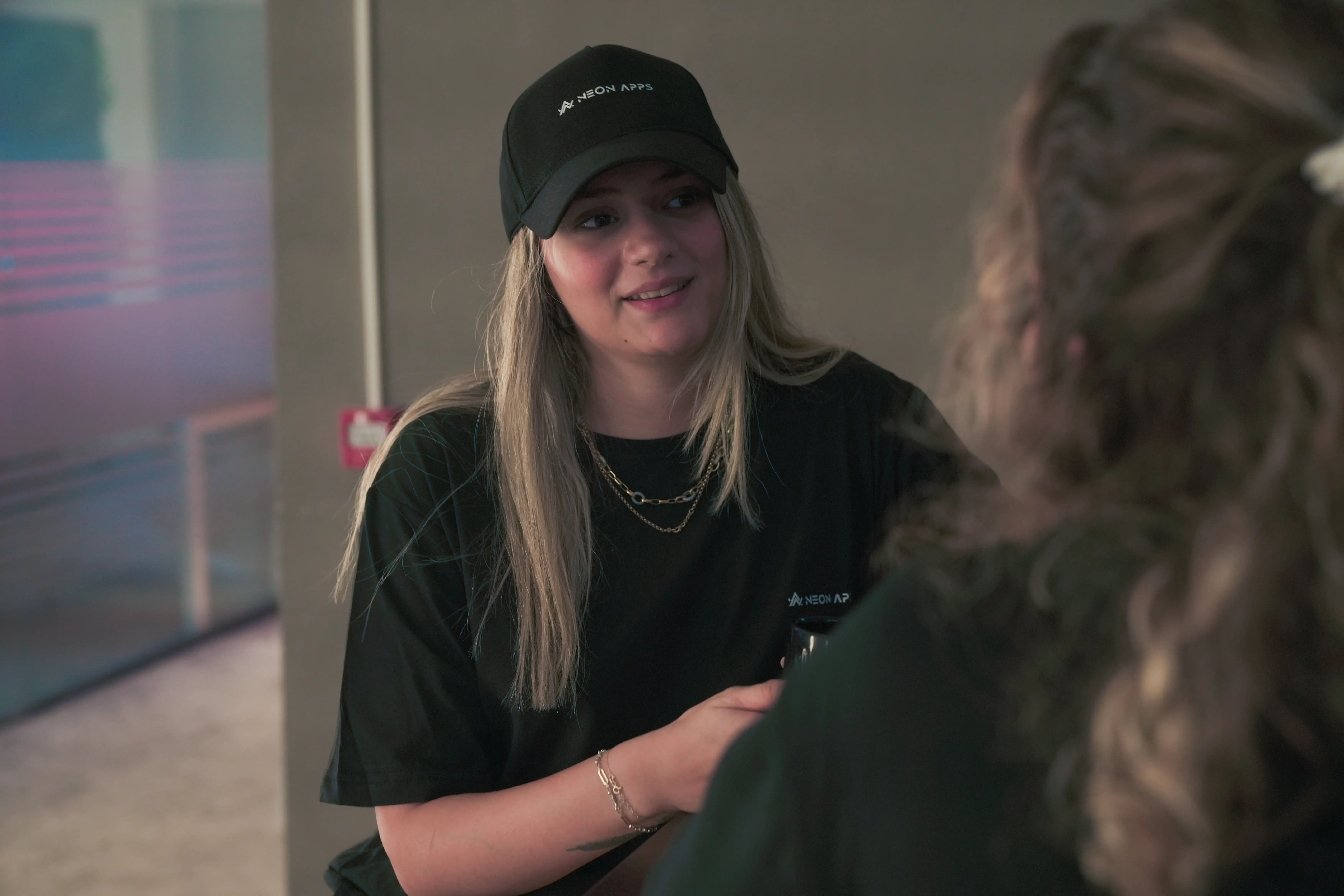 Backend developer building a Node.js API at the Neon Apps office