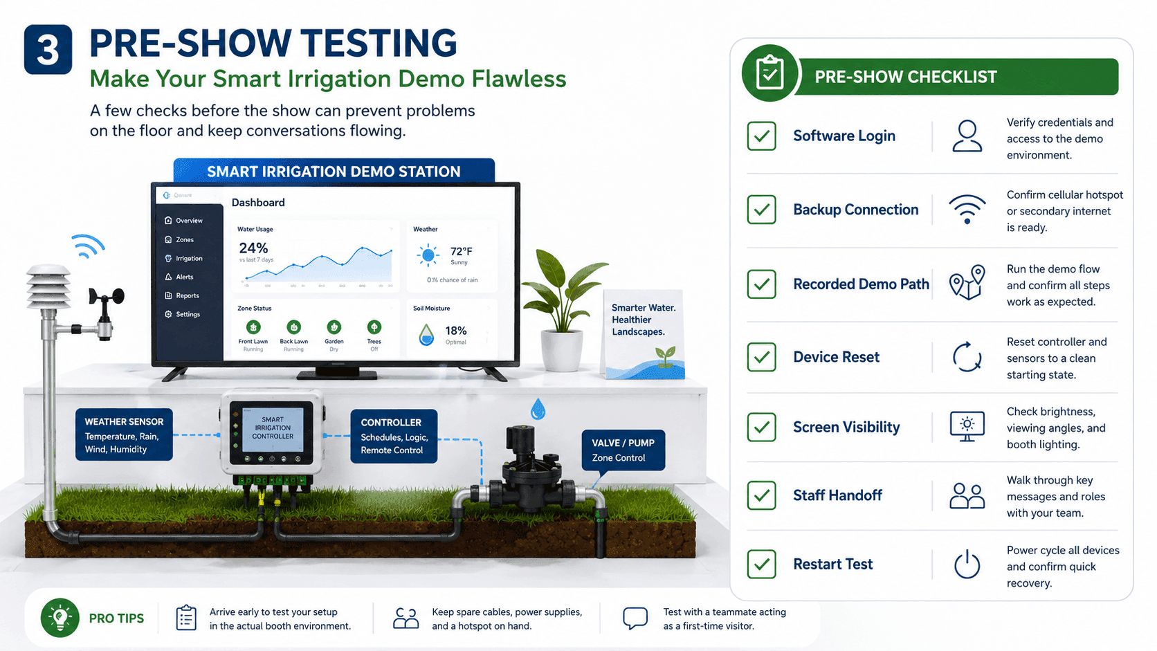 Pre-show testing for a smart irrigation demo covering software login, backup connection, screen visibility, device reset and staff handoff