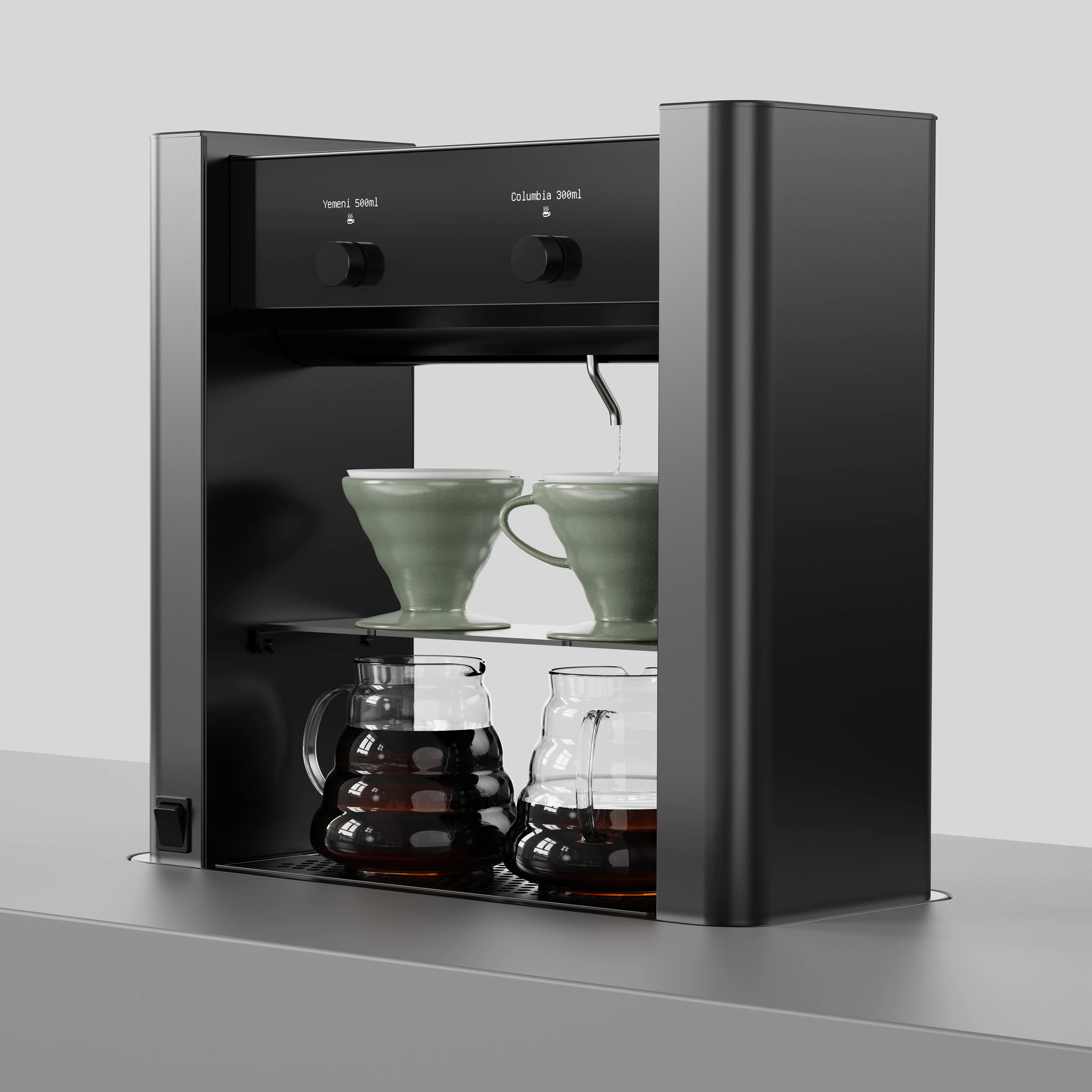 V60 Poursteady Brühstation mit zwei Keramikfiltern und Glaskaraffen auf Arbeitsplatte