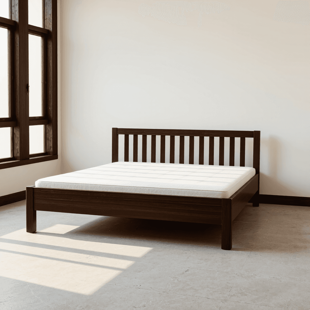 product photography of a wooden bed frame with a slatted design and a mattress