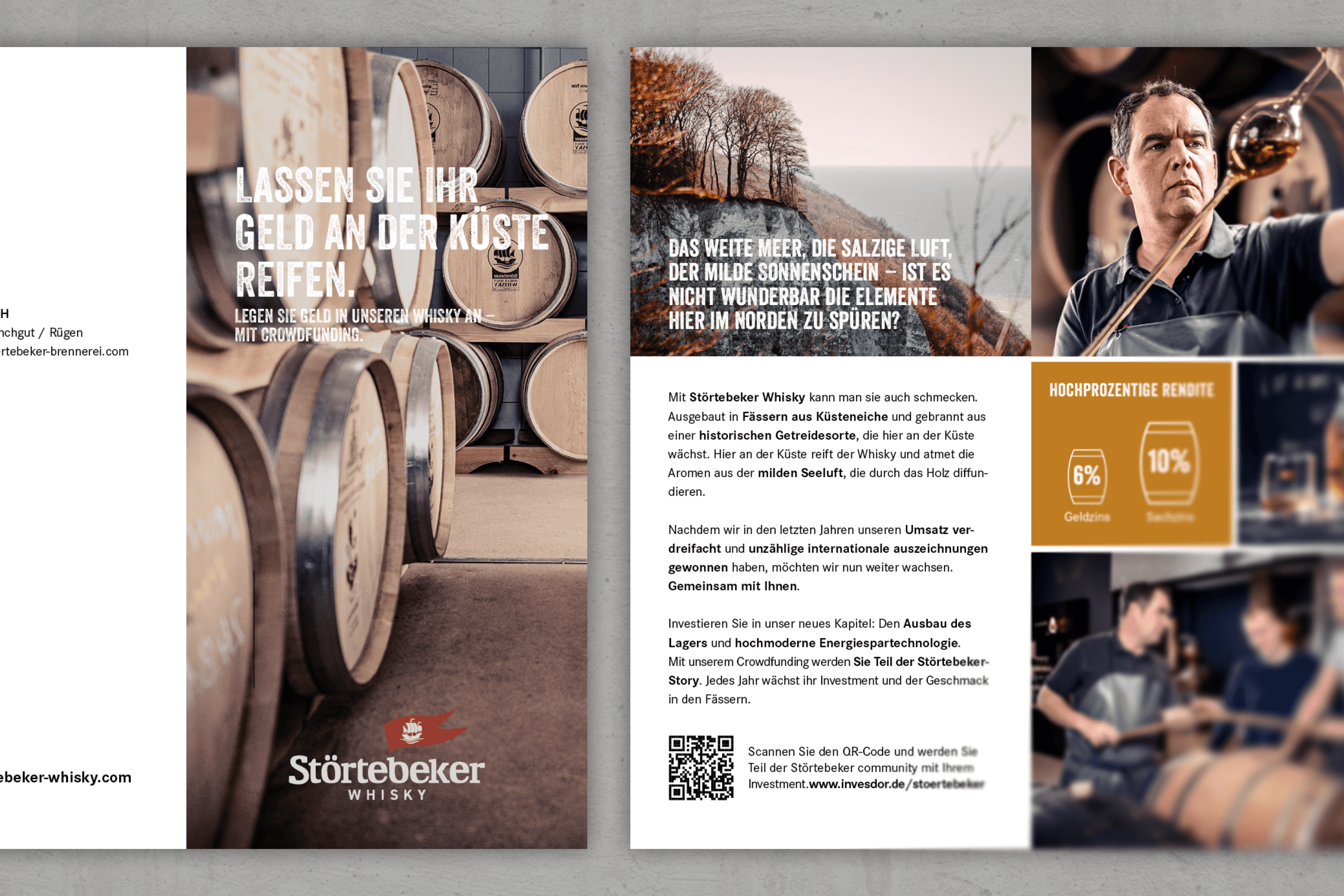 Whisky aging barrels and distillery scene with text.