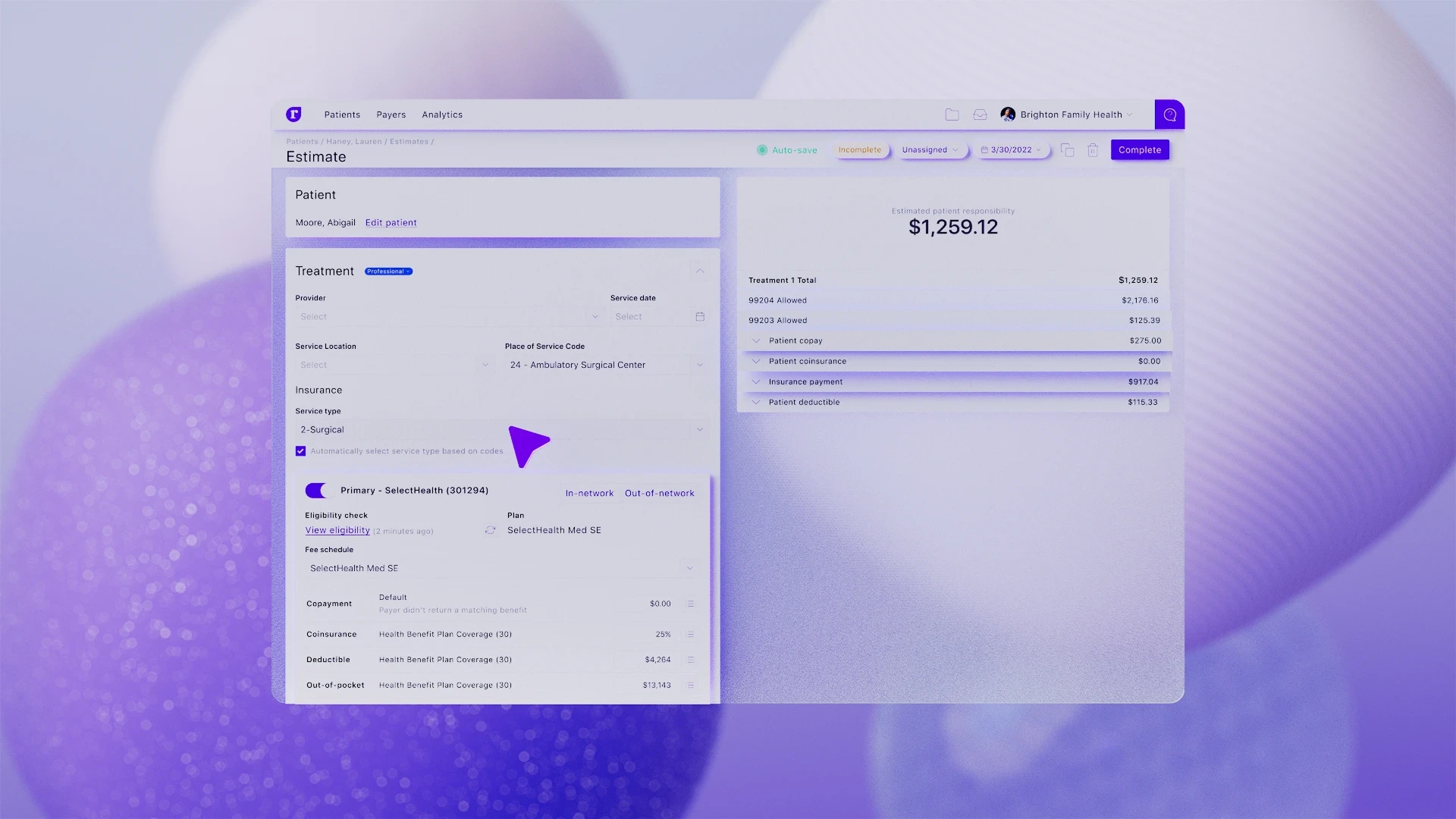 Animated interface of patient estimate builder in a healthcare SaaS platform, used in a 3D motion explainer video to simplify billing.