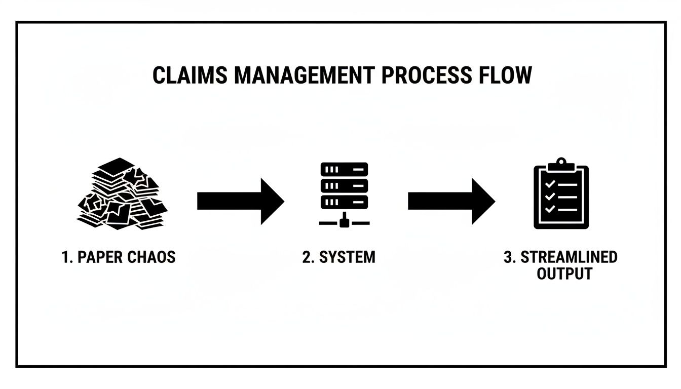 Claims management process flow illustrating conversion from paper chaos to streamlined output via a digital system.