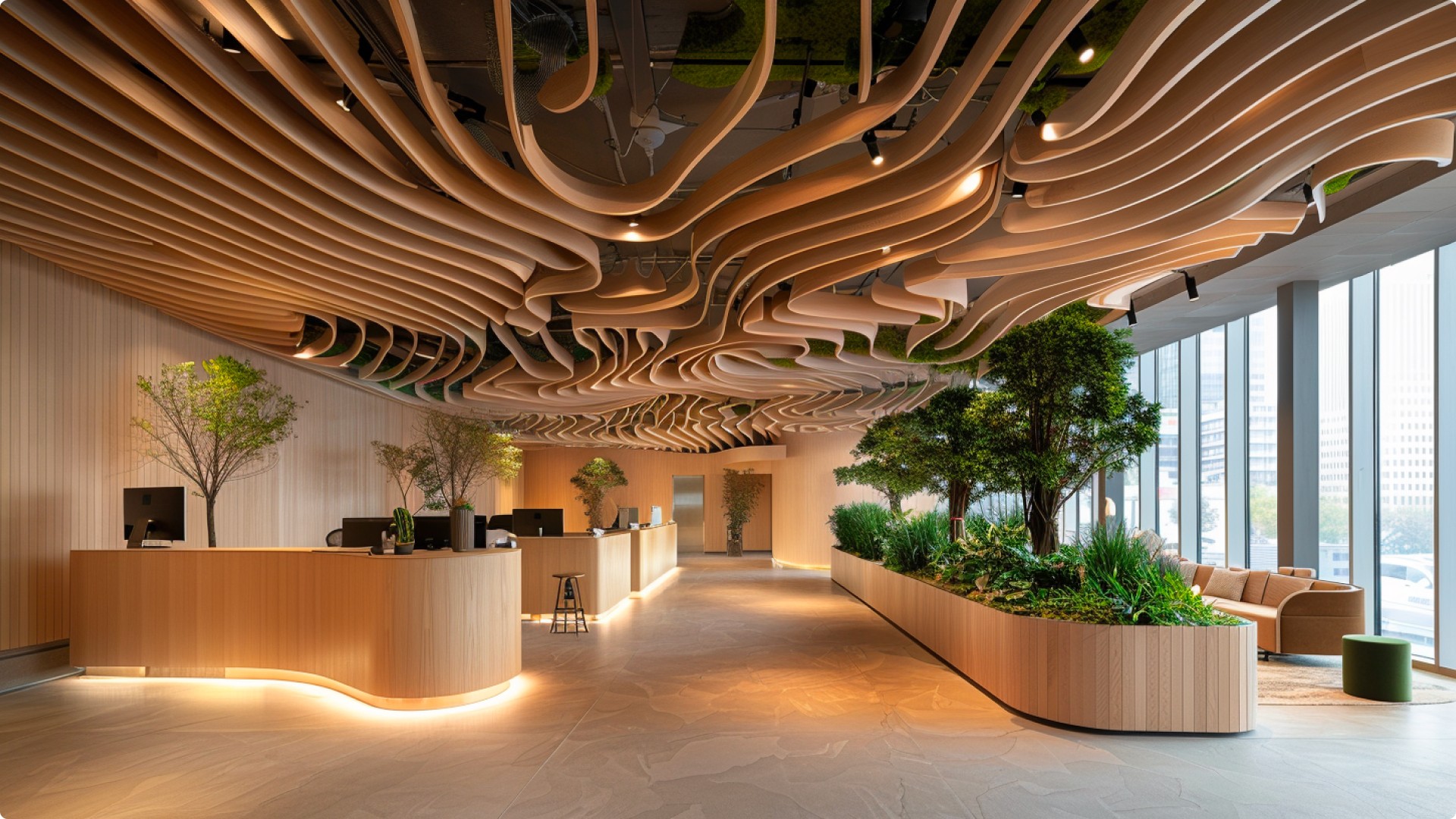 A serene bedroom with purple tones, a minimalist bed, wooden nightstands, and soft natural lighting.