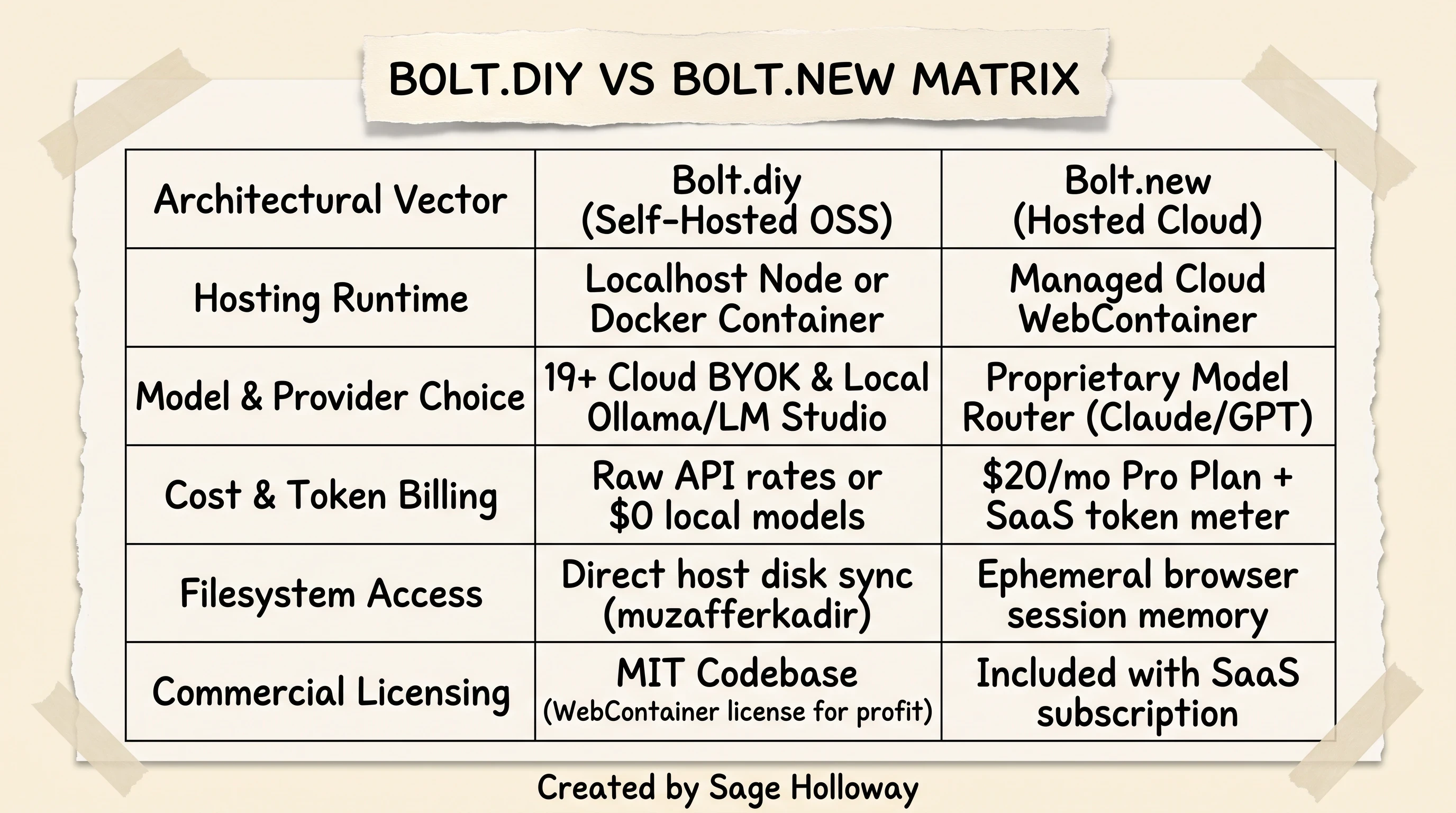 Comparison table evaluating self-hosted bolt.diy against cloud-hosted Bolt.new across features pricing and licensing