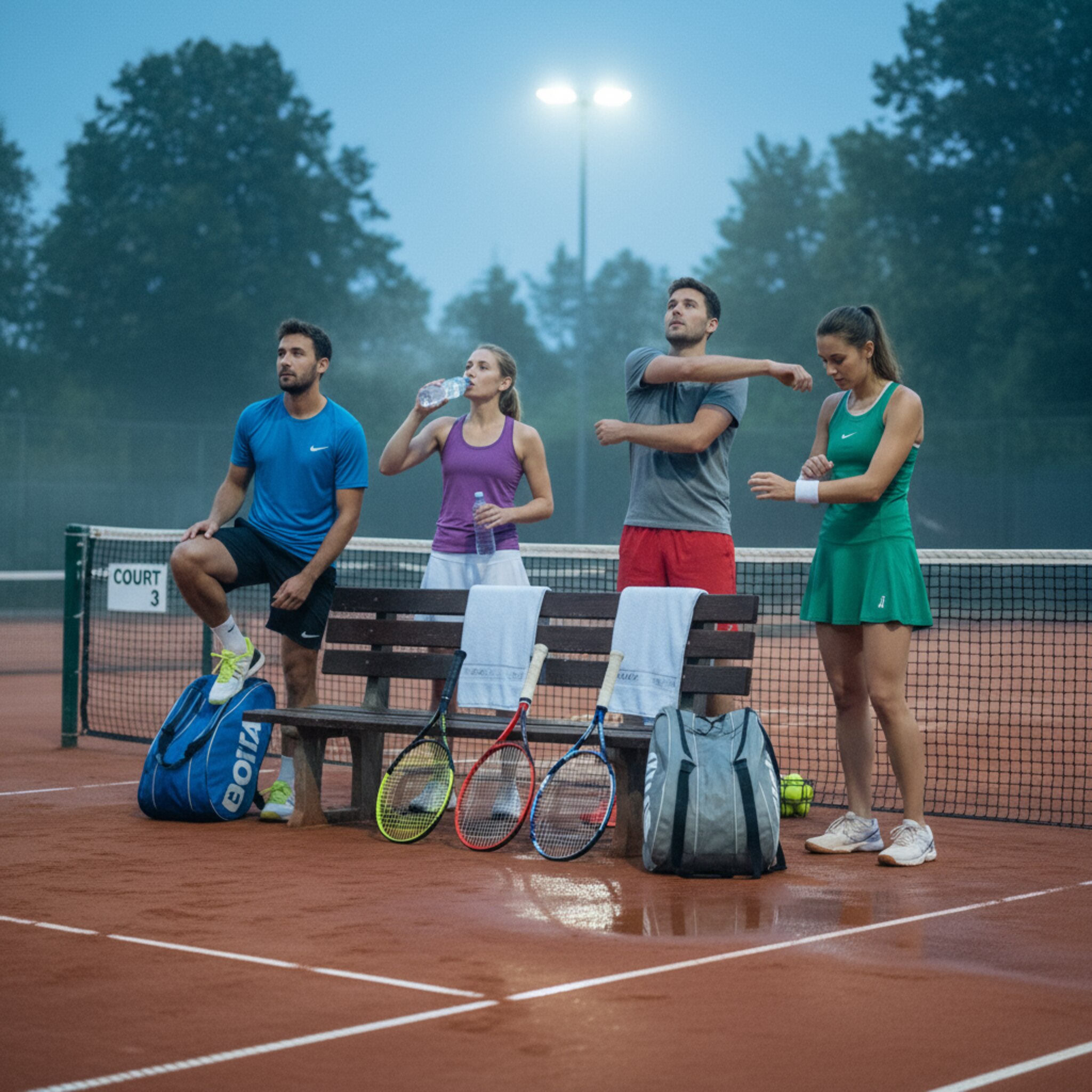 Ein Flutlichtplatz leuchtet in der Dämmerung, feuchte Linien reflektieren das kalte Licht. Zwei Doppel-Teams stehen zum Seitenwechsel an der Bank, Handtücher über der Lehne. Am Zaun hängt eine Tafel mit Platznummer, die Atmosphäre ist ruhig und konzentriert.