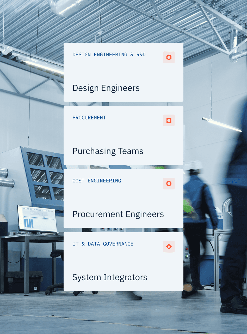 Role cards for engineers and buyers over a factory floor