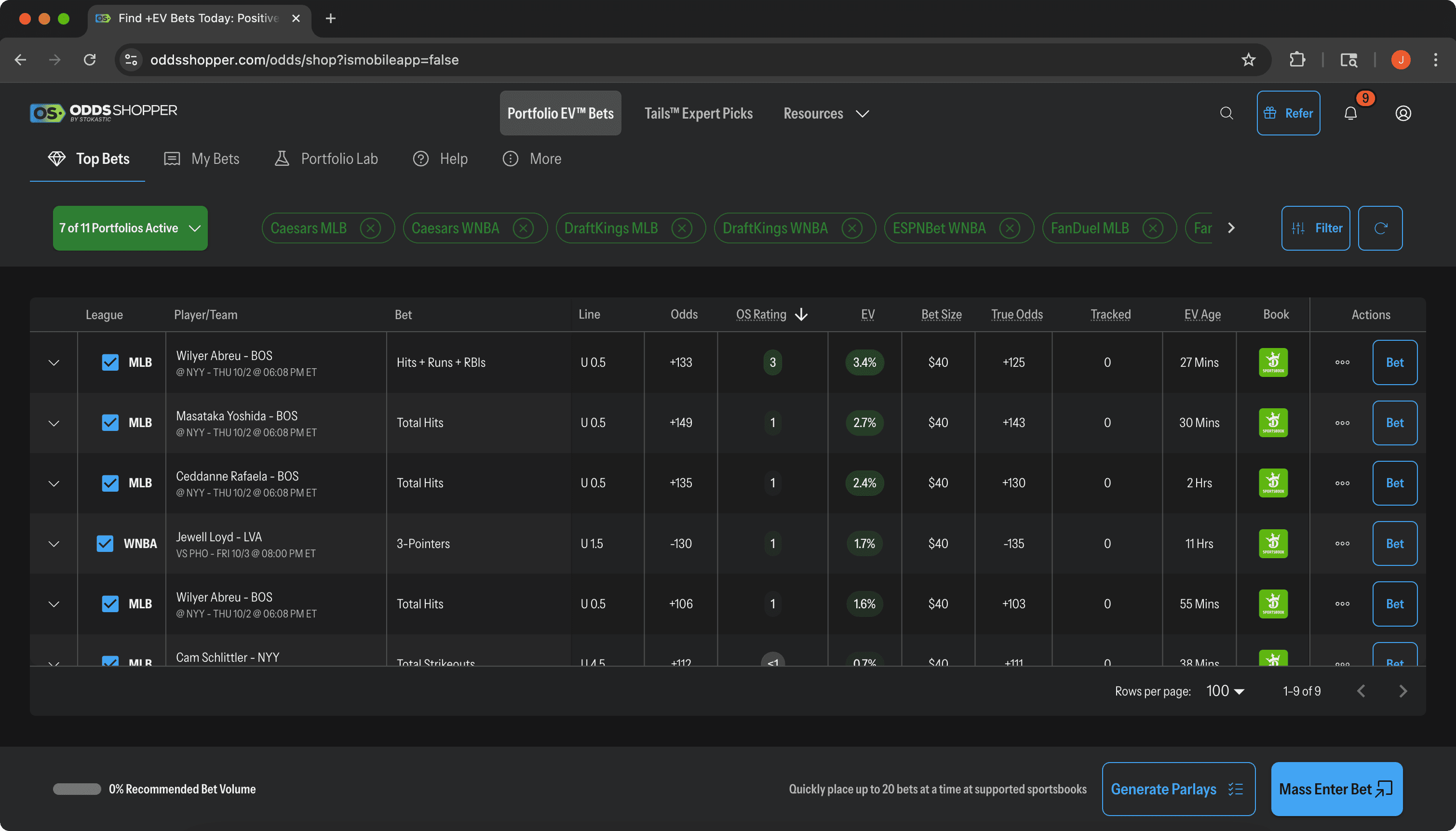 List of bets in +EV sports betting product