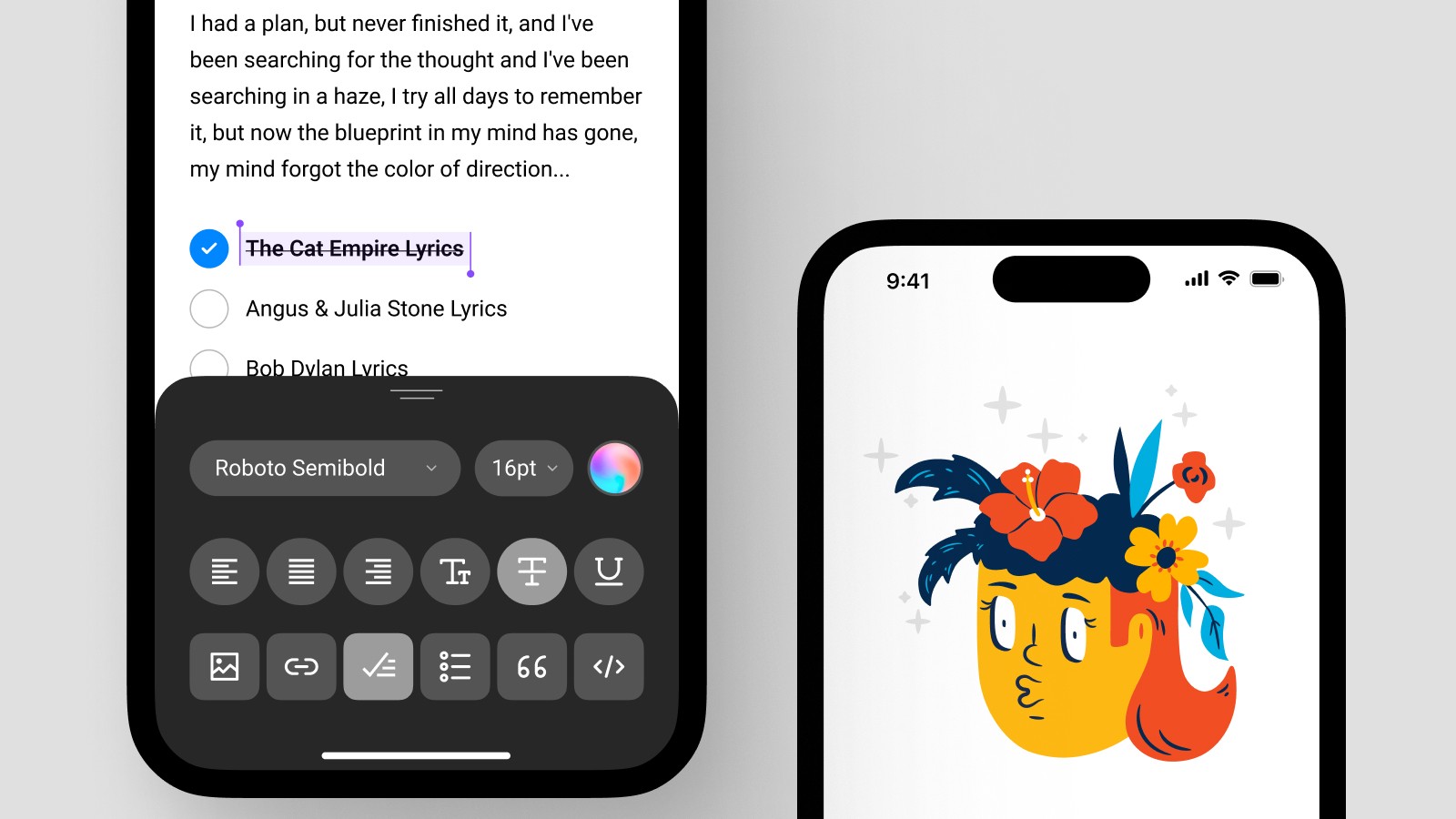 note taking mobile app ui design figma with modals and text formatting