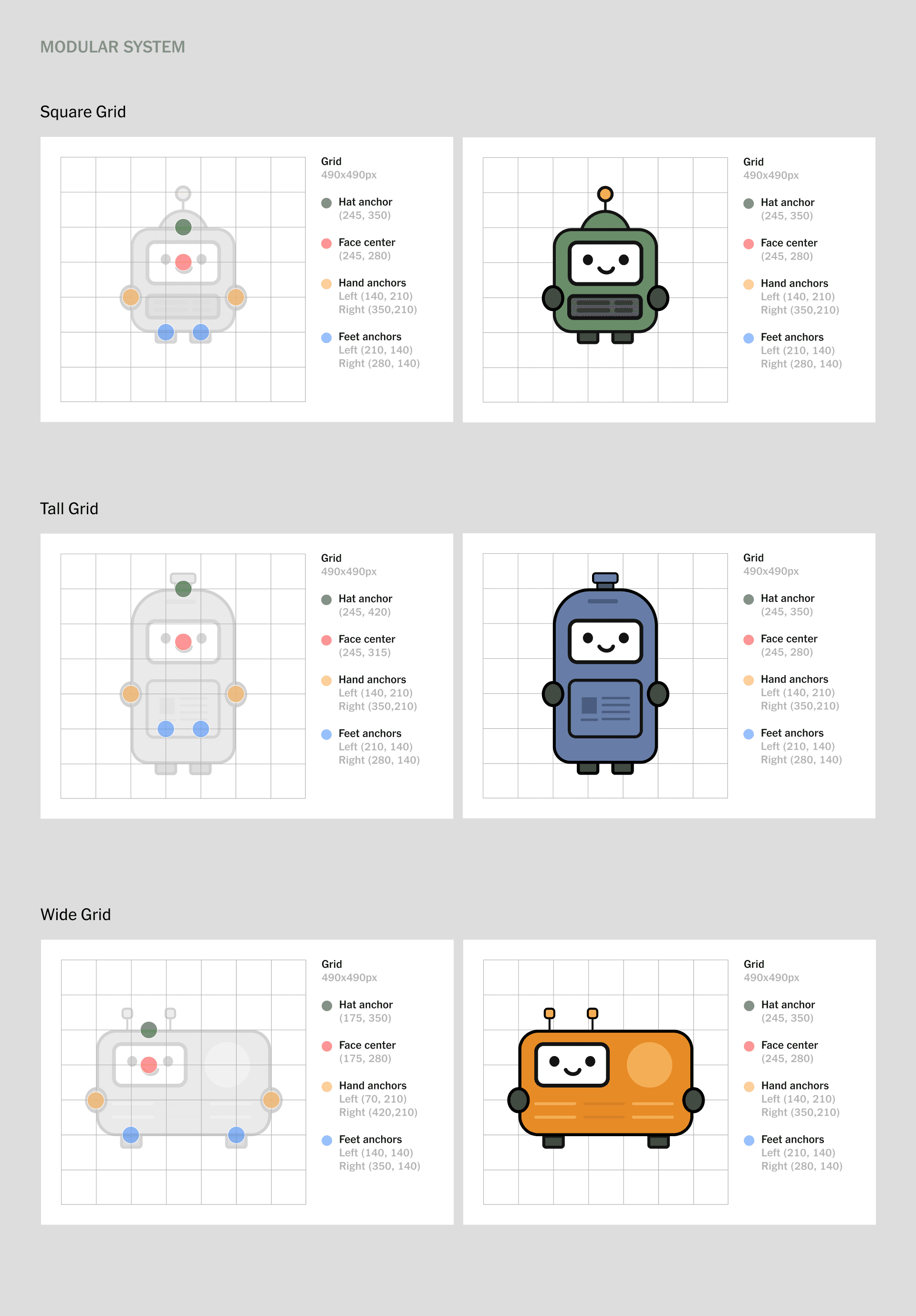 Construction grids for square, tall and wide Newsbot characters, showing anchor points for hats, faces, hands and feet