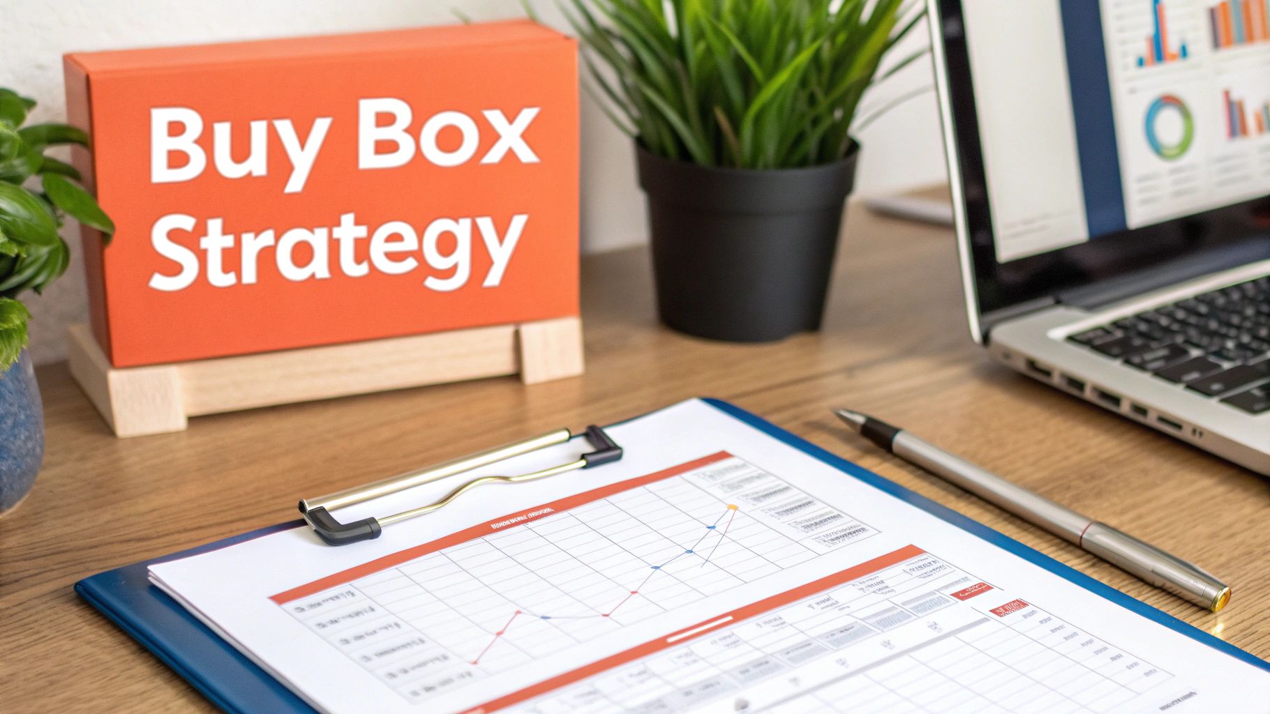 A desk setup with a 'Buy Box Strategy' sign, laptop showing charts, clipboard, pen, and plants.