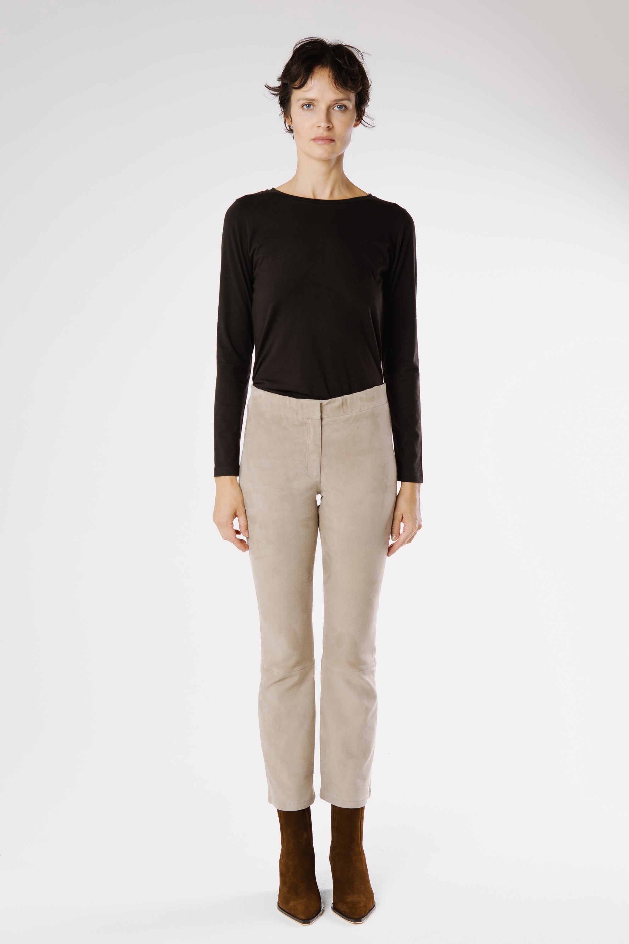 Front view of the Napoli VE Suede Trousers Grey Taupe highlighting the refined slim fit, cropped length, and soft velvety suede texture.