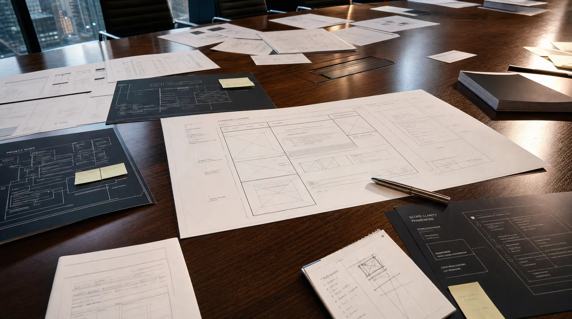 Architectural-style diagrams spread on a conference table, aligning teams for tech company branding.