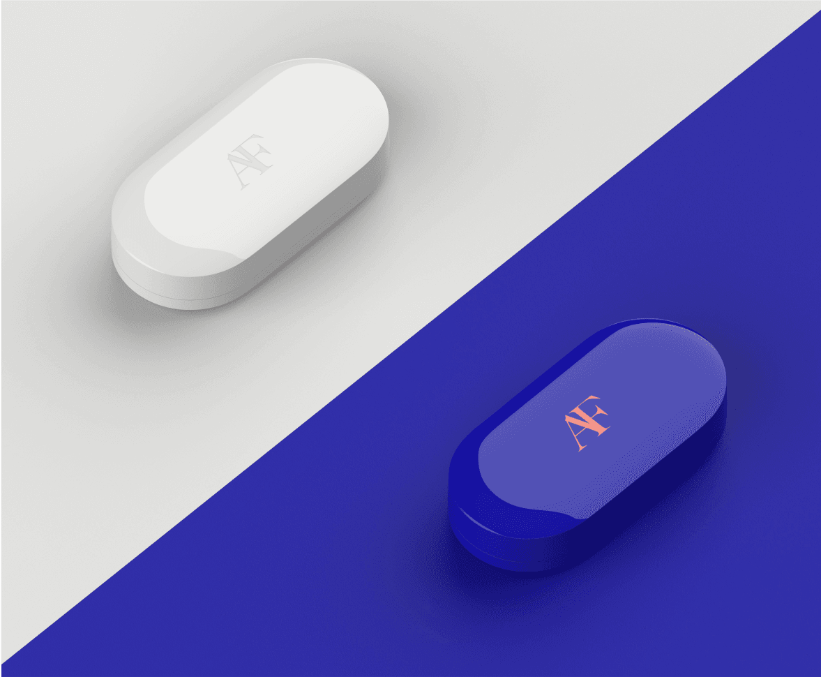 Two colorways of a portable NFT device, each featuring a sleek, compact design for displaying digital artwork, with one in a dark tone and the other in a lighter shade.