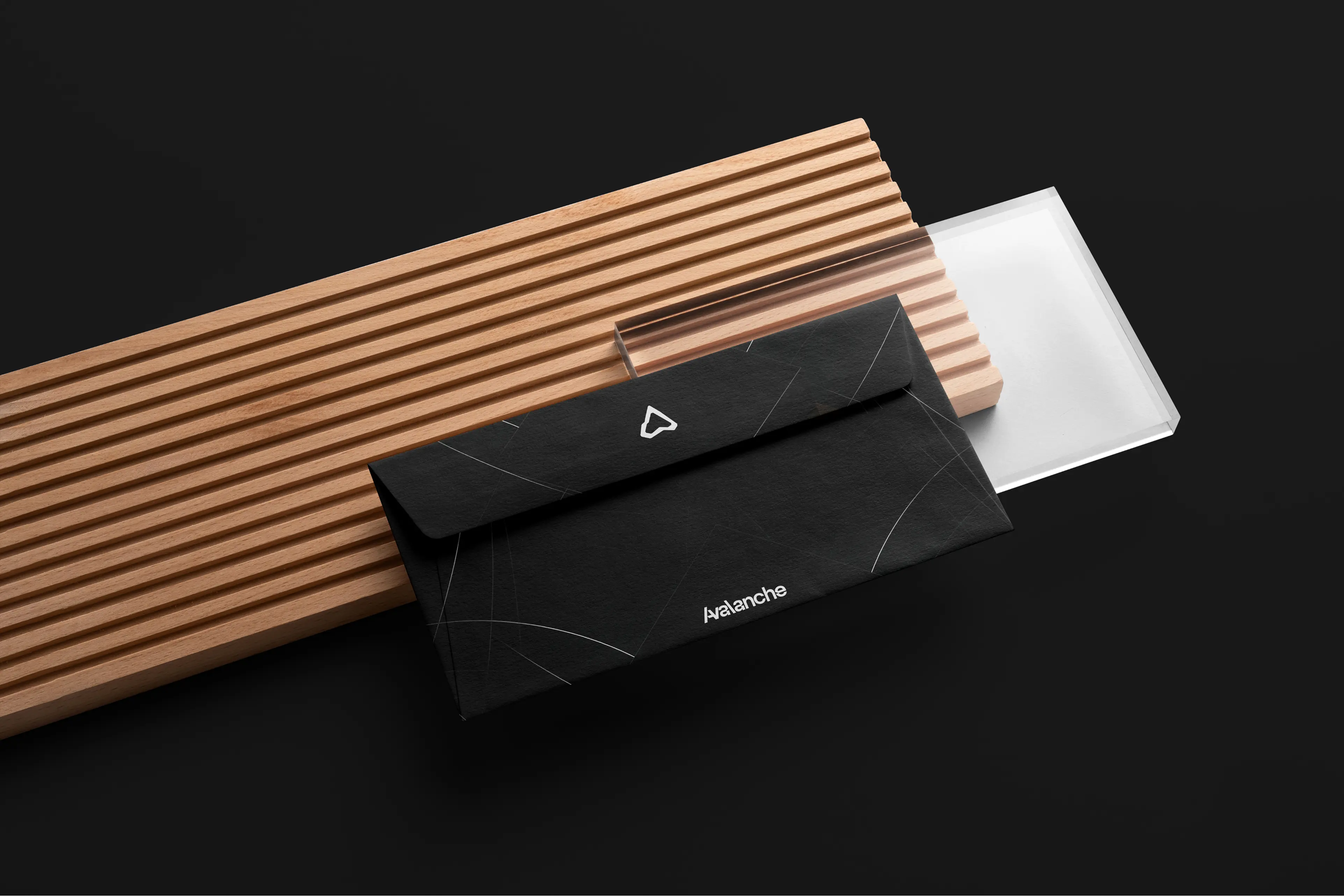 Avalanche Tech brand applications — business cards and stationery mockups
