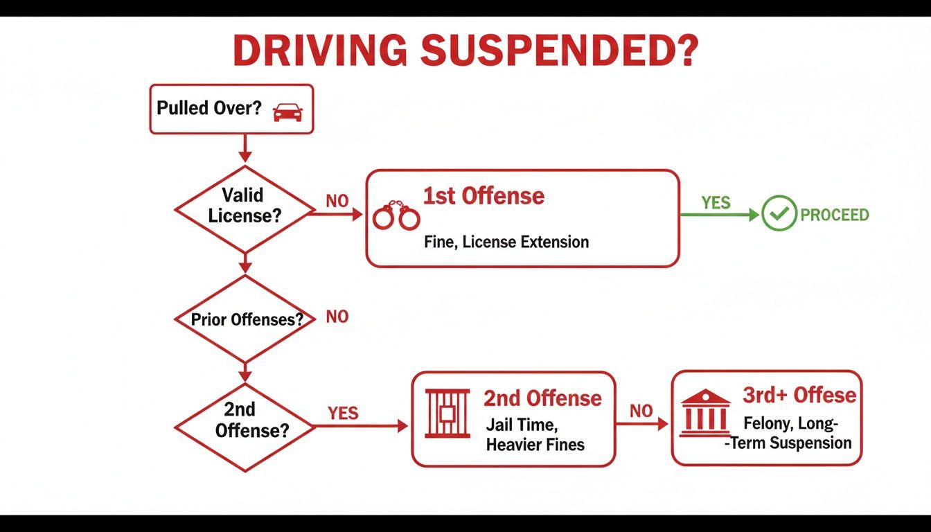 Flowchart detailing penalties for driving without a valid license, escalating from first to third-plus offenses.