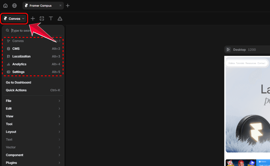 Nouvelle interface Framer 3.0 avec le menu principal donnant accès au Canvas, CMS, Localization, Analytics et Settings