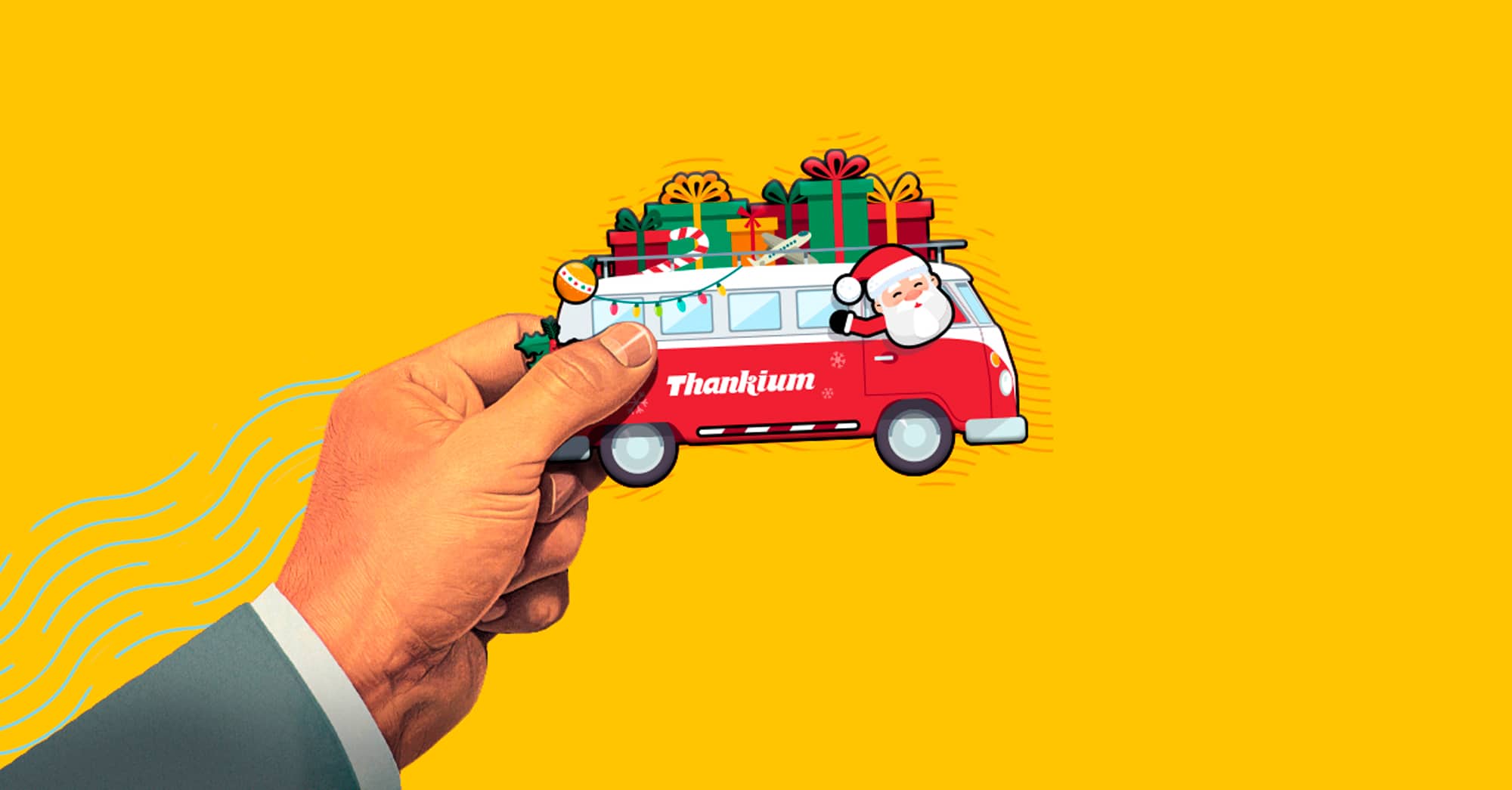 Furgoneta navideña roja con regalos y Papá Noel en fondo amarillo.