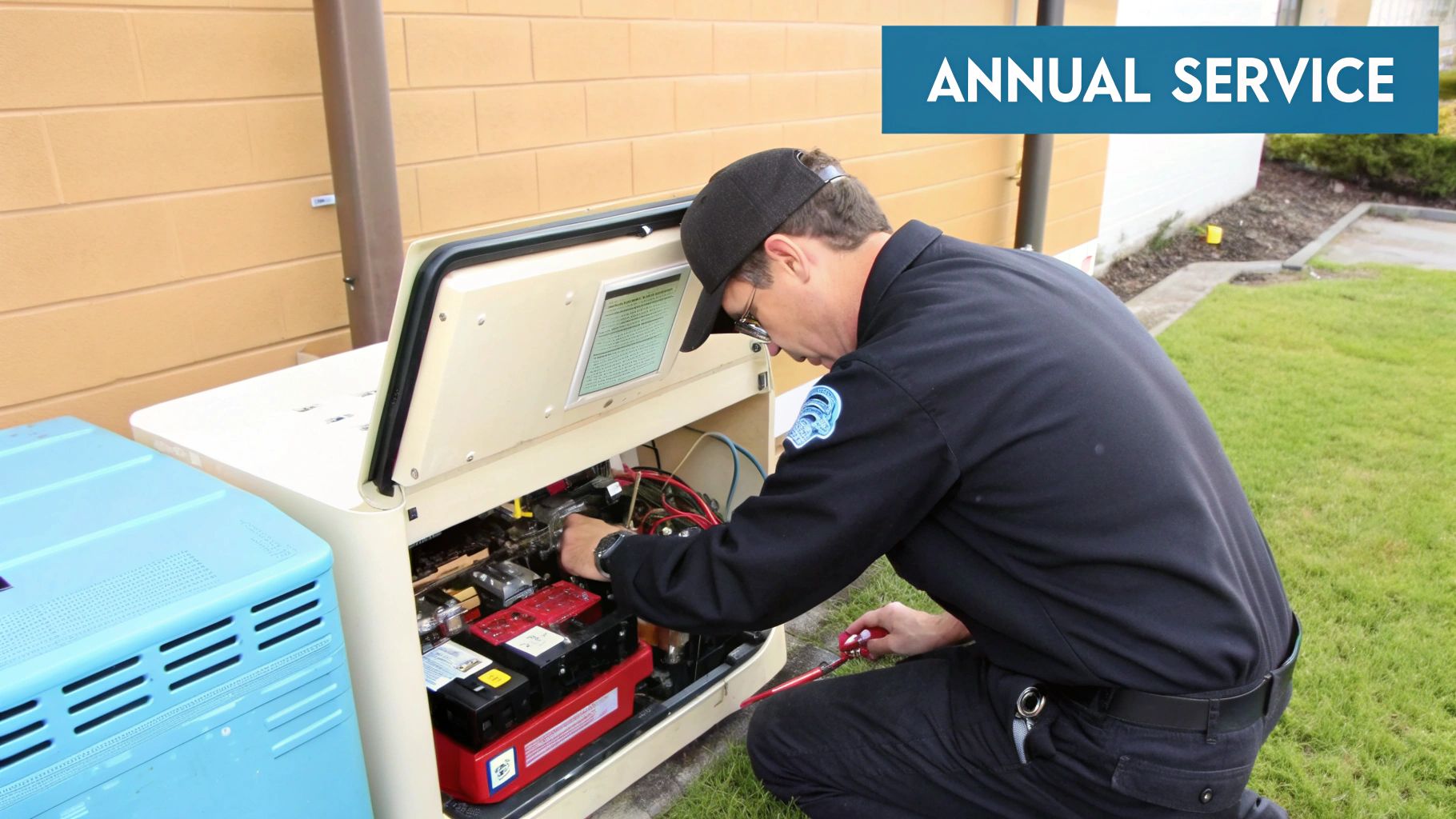 a man servicing a home backup generator and a blue banner with text 'annual service'