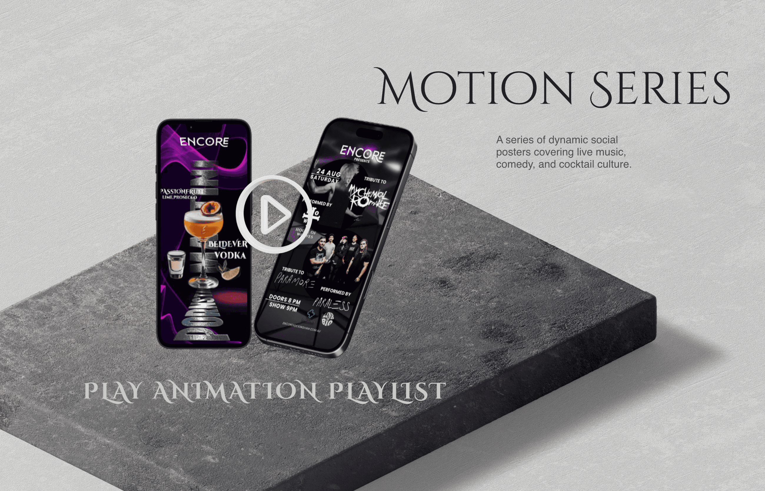 Two smartphones displaying vertical motion posters for club events, highlighting dynamic video content and ticket booking interfaces.