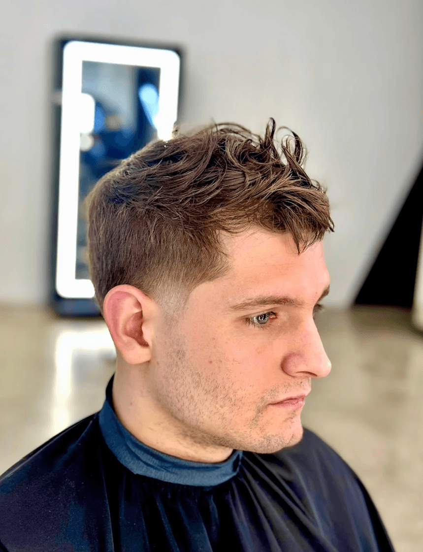 White Male. Low taper fade, texture cut, Luxury barber The rich barber hair studio west hollywood Courtney Palmore