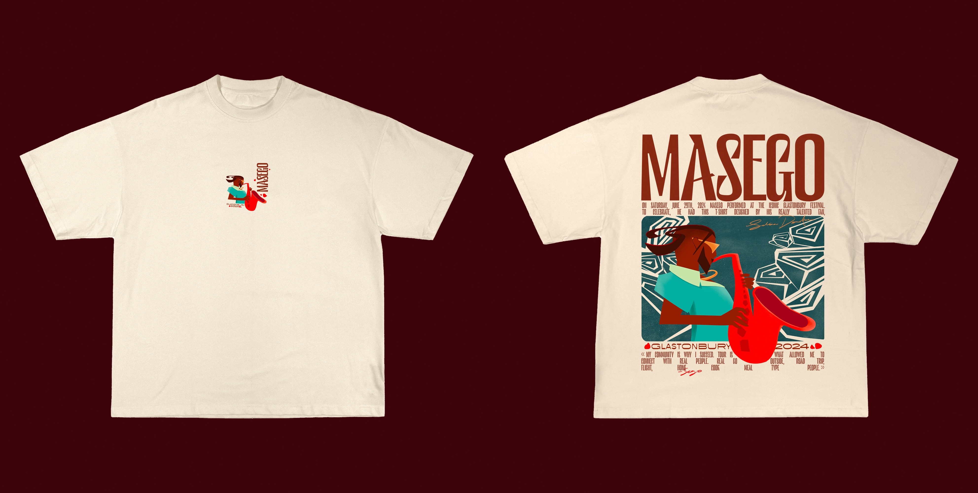masego at glastonbury 2024 t-shirt design competition entry - selina donohoe - front and back design