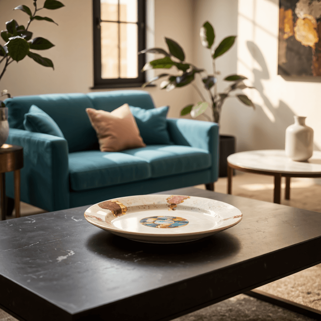 product photography of decorative plate with a colorful design and gold accents