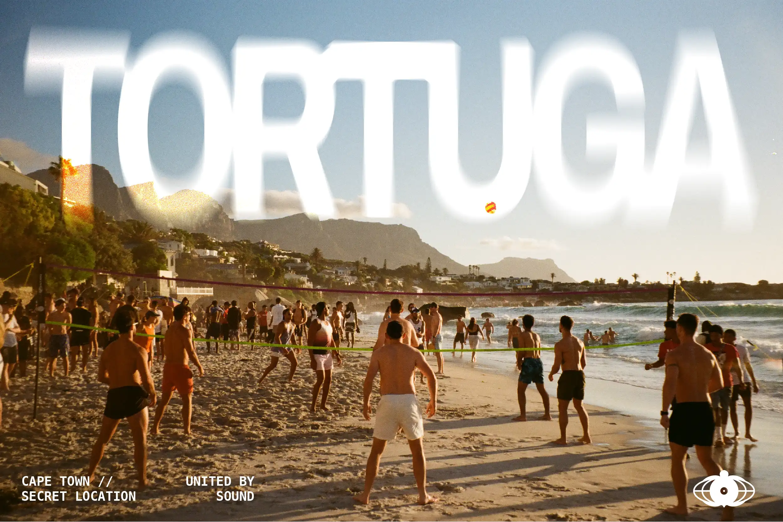Beach volleyball scene in Cape Town with bold Tortuga typography overlay, motion blur effect, and promotional event details.