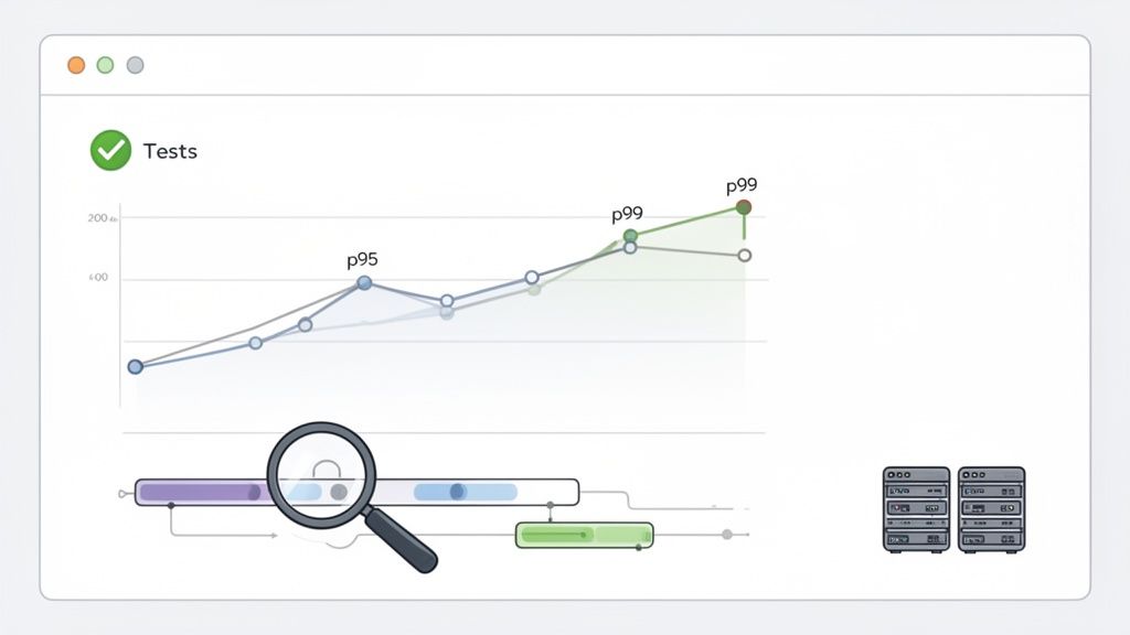 A performance dashboard displaying test results with p95 and p99 percentiles, a timeline, and server icons.