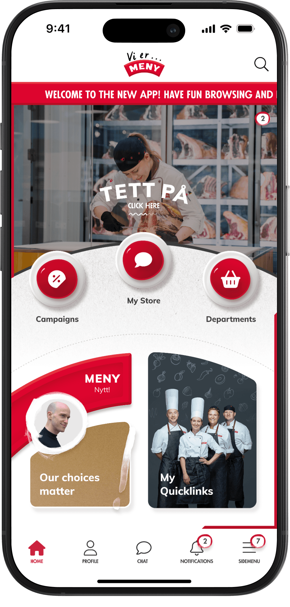 Mobile app interface showing the MENY internal app home screen with navigation, campaigns, and user profile features.