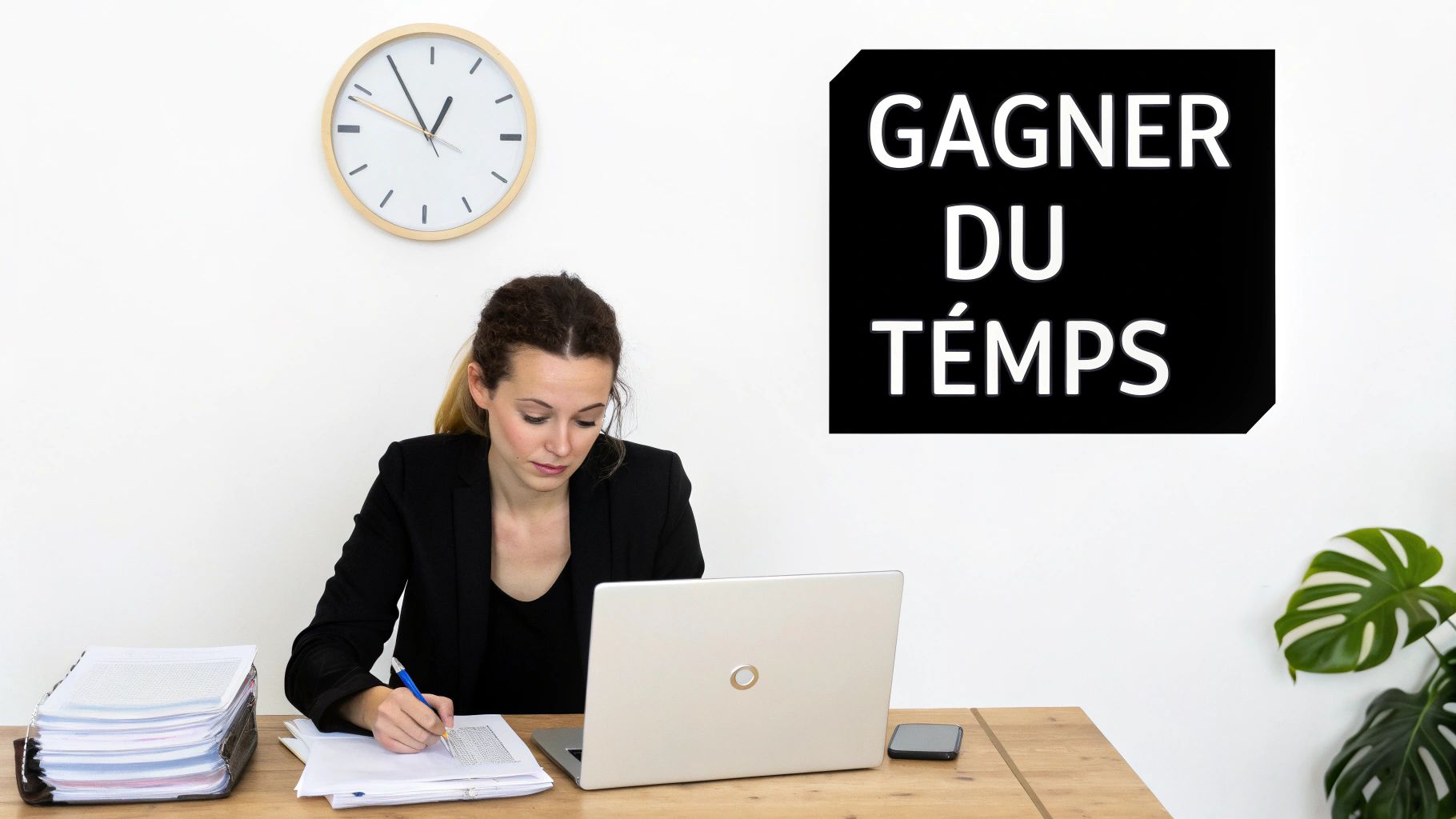 Une femme concentrée travaille sur un ordinateur portable, entourée de documents, avec une horloge et un panneau