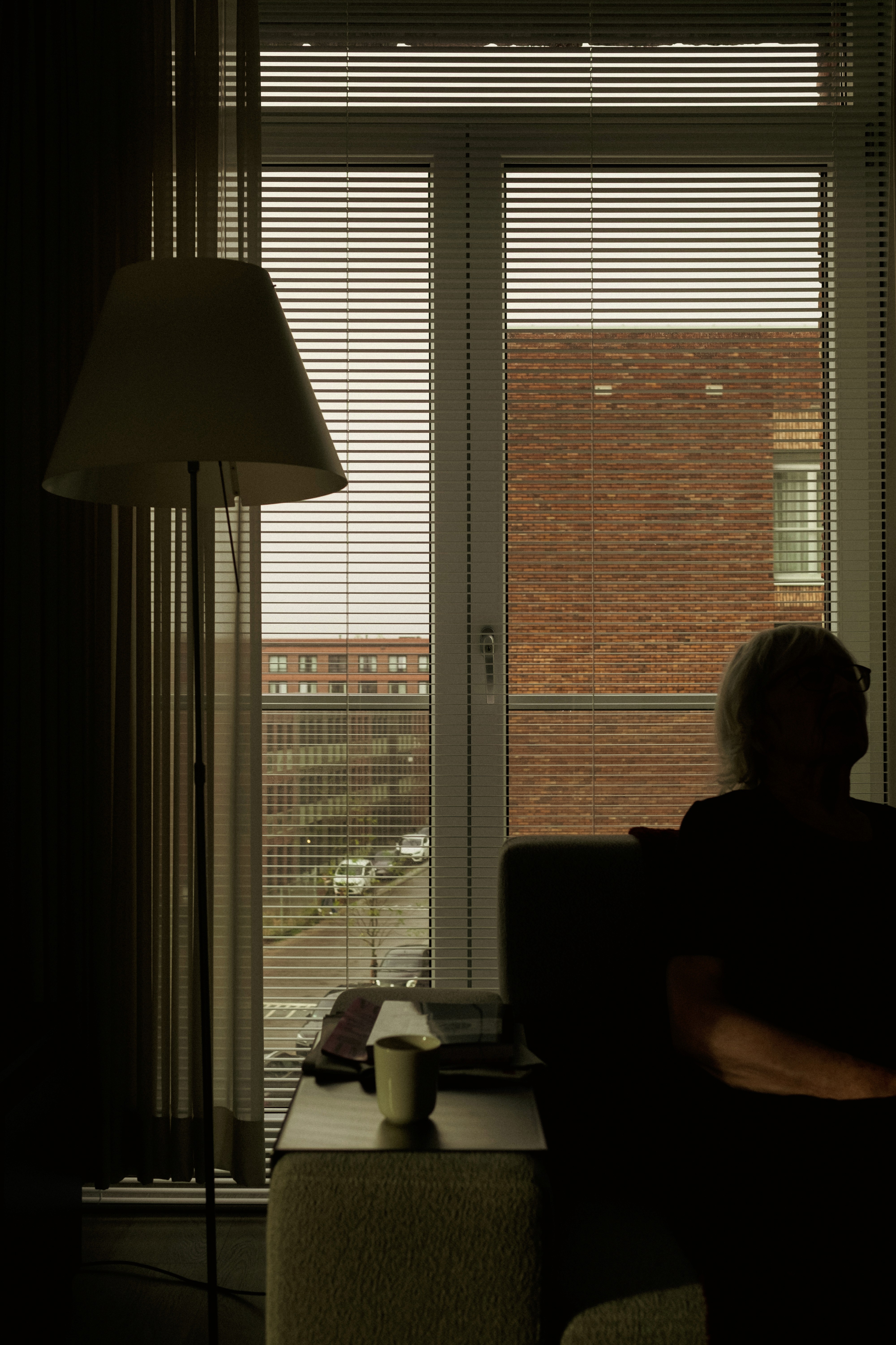 A silhouette of a person sitting in front of an interior window