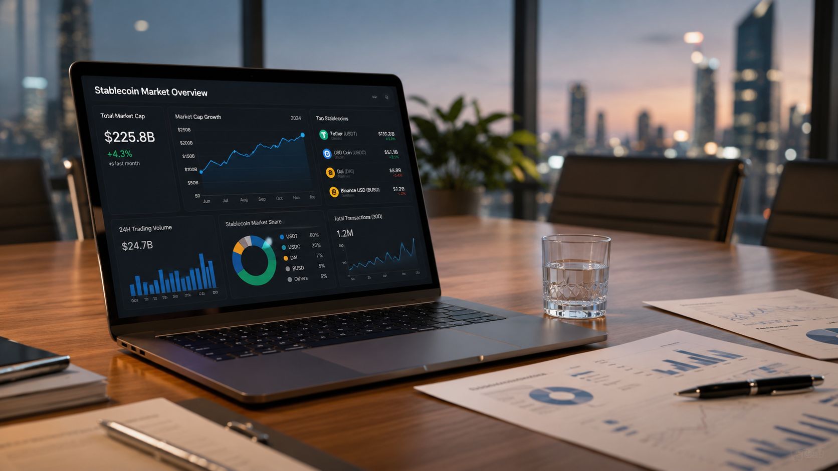 A modern laptop displaying a detailed cryptocurrency market dashboard in a professional office setting at sunset.