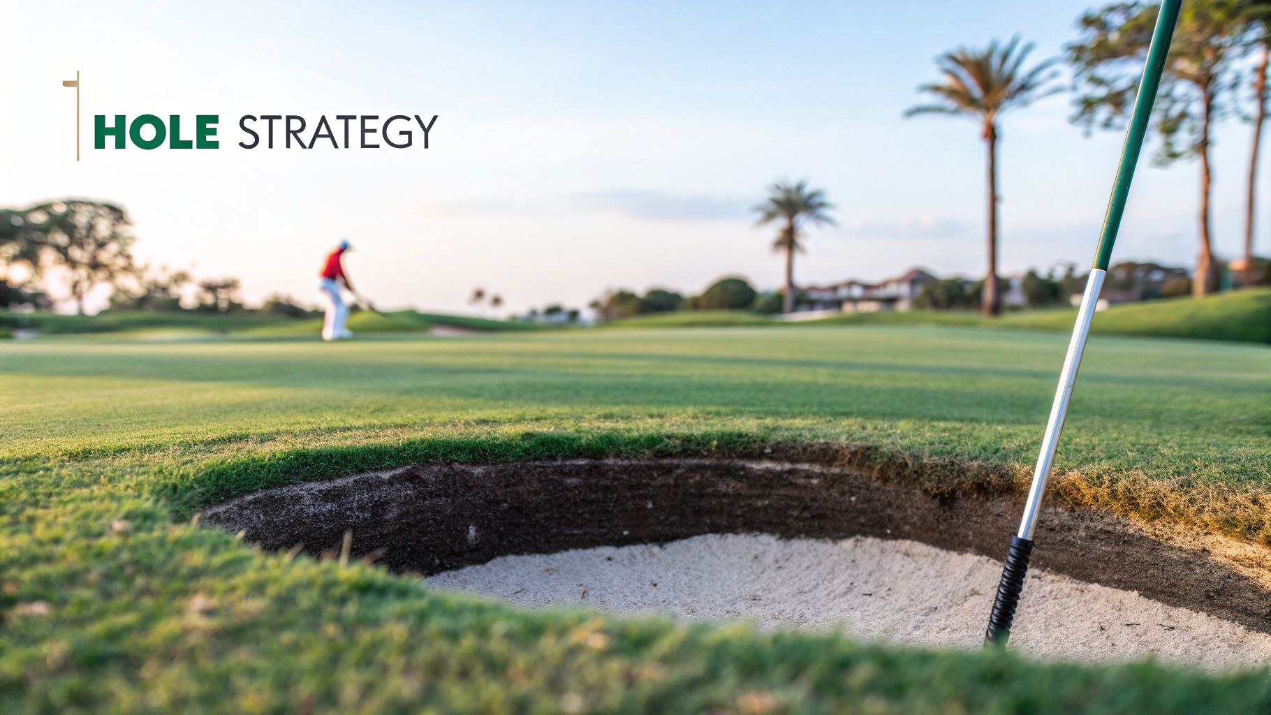 A close-up of a golf course bunker with a flagstick, a golfer, and the text 'HOLE STRATEGY'.