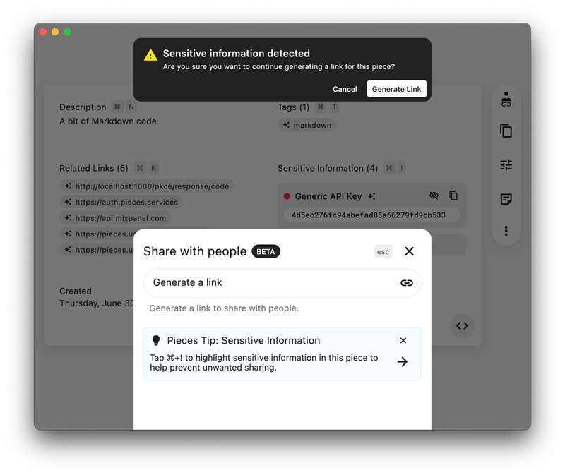 A warning that you're about to share a snippet that contains sensitive information.
